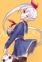 1girl ;o blue_sailor_collar blue_serafuku blue_shirt blue_skirt brown_background brown_thighhighs dated from_side grey_hair hair_between_eyes hair_ribbon kobutanori long_hair long_sleeves looking_at_viewer looking_to_the_side neckerchief one_eye_closed original parted_lips pleated_skirt puffy_long_sleeves puffy_sleeves red_eyes red_neckerchief red_ribbon ribbon sailor_collar school_uniform serafuku shirt side_ponytail signature simple_background skirt solo thighhighs very_long_hair w