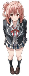 1girl absurdres black_jacket black_socks blazer blush breasts brown_eyes brown_shoes cleavage closed_mouth collared_shirt commentary_request full_body grey_skirt hair_bun highres jacket large_breasts loafers long_hair long_sleeves looking_at_viewer neck_ribbon open_clothes open_jacket pink_hair plaid_clothes plaid_skirt pleated_skirt red_ribbon ribbon school_uniform shirt shoes sidelocks simple_background single_hair_bun skirt smile socks solo standing white_background white_shirt yahari_ore_no_seishun_lovecome_wa_machigatteiru. yuigahama_yui zaofeng