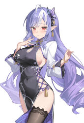 1girl absurdres ahoge alternate_costume bangle black_dress black_shoes blush bracelet breasts brown_thighhighs butterfly_hair_ornament china_dress chinese_clothes cleavage_cutout clothing_cutout commentary covered_navel cowboy_shot dress hair_ornament hand_up hashtag-only_commentary high_heels highres jewelry large_breasts long_hair long_sleeves looking_at_viewer midori_fufu mole mole_under_eye multicolored_hair no_panties parted_lips pelvic_curtain pointy_ears purple_hair red_eyes ringlets shoes shrug_(clothing) side-tie_dress sideboob sleeveless sleeveless_dress solo streaked_hair thighhighs thighs very_long_hair vivian_banshee white_shrug zenless_zone_zero