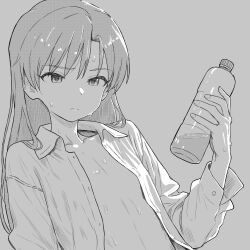 1girl bottle expressionless flat_chest greyscale highres hues_sunk idolmaster idolmaster_(classic) kisaragi_chihaya long_hair monochrome open_clothes open_shirt solo upper_body water_bottle wet