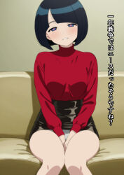 1girl aji_n asymmetrical_bangs black_hair black_shirt blue_eyes blush breasts commentary_request gundam gundam_gquuuuuux high-waist_skirt highres large_breasts looking_at_viewer mature_female panties pantyshot red_shirt shiiko_sugai shirt short_hair sitting skirt smile solo translation_request turtleneck turtleneck_shirt underwear