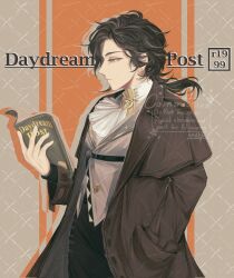 Rule 34 | 1girl, black hair, black skirt, book, brown coat, coat, commission, drop shadow, english text, from side, greta hofmann, grey background, grey jacket, hand in pocket, hand up, highres, holding, holding book, jacket, long hair, nan (mentegamadu), open book, orange background, profile, reading, reverse:1999, shirt, skirt, solo, two-tone background, upper body, watermark, white shirt, yellow eyes