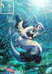1girl air_bubble blue_hair bubble closed_mouth coral fins fish head_fins highres japanese_clothes kaibara_akehiko kimono long_hair looking_at_viewer mermaid monster_girl ocean original purple_eyes solo underwater white_kimono wide_shot