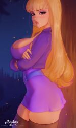 Rule 34 | 1girl, absurdres, aged up, arms under breasts, belt, blonde hair, breasts, brown thighhighs, cleavage, dress, forest, from side, gravity falls, green eyes, highres, large breasts, lips, long hair, looking at viewer, looking to the side, meowtastic, nature, night, nose, pacifica northwest, purple belt, purple dress, short dress, solo, thighhighs, tree, zettai ryouiki