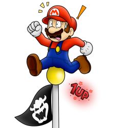 1boy 1up blue_eyes boxbird brown_hair facial_hair flag_print full_body gloves hat jumping mario mario_(series) mustache new_super_mario_bros._u_deluxe nintendo overalls pain skull solo super_mario_bros._1 sweat