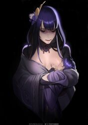 1boy 1girl artist_name baby black_background blunt_bangs breastfeeding breasts breasts_out bridal_gauntlets carrying carrying_baby carrying_person center_opening closed_mouth commentary english_commentary genshin_impact hair_ornament highres japanese_clothes kimono large_breasts long_hair long_sleeves looking_down minimimaniac mitsudomoe_(shape) mole mole_under_eye mother_and_son neck_ribbon off_shoulder pink_lips purple_eyes purple_hair purple_kimono raiden_shogun red_ribbon ribbon scaramouche_(genshin_impact) scaramouche_(kabukimono)_(genshin_impact) shade shaded_face short_hair simple_background standing tomoe_(symbol) watermark wide_sleeves