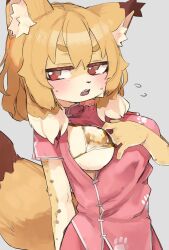 1girl animal_ear_fluff animal_ears bikini blonde_hair blush breasts brown_eyes china_dress chinese_clothes dress flashing furry furry_female gold_bikini grey_background hair_between_eyes highres karasuma234 leopard_ears leopard_girl medium_breasts micro_bikini original second-party_source simple_background sweat swimsuit