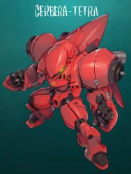 Rule 34 | character name, chibi, clenched hand, gerbera tetra, glowing, glowing eye, gradient background, green eyes, gundam, gundam 0083, highres, legs apart, mecha, mobile suit, no humans, one-eyed, open hand, robot, science fiction, sd gundam, solo, thrusters, toomiro