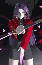1girl cosplay highres katsuragi_misato katsuragi_misato_(cosplay) long_hair looking_at_viewer marvel marvel_rivals neon_genesis_evangelion neozumi psylocke purple_eyes purple_hair solo weapon x-men