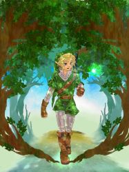 1boy bad_id bad_pixiv_id belt blonde_hair blue_eyes boots earrings fairy forest gloves hat highres huruiti jewelry link male_focus nature navi nintendo pointing pointy_ears shadow suimu_(karamachi) sword the_legend_of_zelda the_legend_of_zelda:_ocarina_of_time tree tree_shade tunic walking weapon