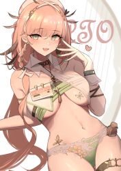 1girl 360_(taiyo360) absurdres arknights blush bra braid breast_tattoo breasts character_name cowboy_shot erato_(arknights) feather_hair green_bra green_eyes green_nails green_panties hand_up harp heart highres infection_monitor_(arknights) instrument large_breasts long_hair nail_polish navel open_mouth panties pink_hair simple_background solo tattoo thigh_gap thighs underboob underwear white_background