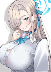 1girl absurdres asuna_(blue_archive) asuna_(school_uniform)_(blue_archive) black_choker blue_archive blue_bow blue_bowtie blue_eyes blue_halo blue_ribbon blush bow bowtie breasts brown_hair choker collared_shirt hair_over_one_eye hair_ribbon halo highres large_breasts long_hair looking_at_viewer nakano_kura ribbon shirt simple_background smile solo upper_body very_long_hair white_background
