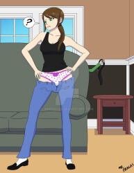 assisted_exposure babysitter belt black_tank_top bow bow_panties brown_hair couch frilled_panties frills green_eyes hands_on_own_hips highres humiliation mrbragas non-web_source open_pants original panties pants pantsing polka_dot polka_dot_panties tank_top underwear white_panties