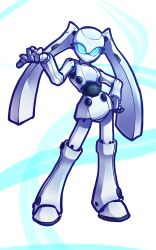 Rule 34 | 1girl, absurdres, blue eyes, colored skin, disney, drossel von flugel, fireball (series), hand on own hip, highres, humanoid robot, joints, kirbcicle1, mechanical hair, no mouth, robot, robot girl, robot joints, solo, twintails, white skin