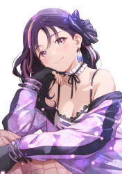 1girl black_gloves blush breasts cleavage collarbone earrings fingerless_gloves fishnets gloves hair_down hair_ribbon highres jacket jewelry kazuno_sarah long_hair looking_at_viewer love_live! love_live!_sunshine!! love_live!_sunshine!!_the_school_idol_movie_over_the_rainbow medium_breasts open_clothes open_jacket purple_eyes purple_hair purple_jacket ribbon shamakho sidelocks simple_background smile solo tank_top