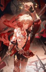 1boy abs arm_tattoo arm_up armlet armor armored_boots artist_name bare_pectorals black_coat black_pants blonde_hair boots braid breaking cape chest_tattoo chinese_commentary clawed_gauntlets clenched_hand coat commentary_request facial_tattoo gold_necklace gradient_hair hair_between_eyes hand_up highres holding holding_polearm holding_weapon honkai:_star_rail honkai_(series) jewelry liquid_gold looking_at_viewer male_focus medium_hair meirong multicolored_hair mydei_(honkai:_star_rail) necklace open_clothes open_coat pants pauldrons pectorals polearm red_cape red_hair red_tattoo shoulder_armor side_braid single_pauldron solo tattoo toned toned_male weapon yellow_eyes