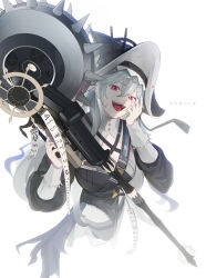 Rule 34 | 1girl, :d, arknights, black dress, black hat, blood, blood on face, blood on hat, breasts, chinese commentary, cleavage, commentary, dress, grey hair, grey thighhighs, hair between eyes, hand on own cheek, hand on own face, hat, highres, holding, holding weapon, long hair, long sleeves, looking at viewer, open mouth, pink blood, pink eyes, shangzi (wangmoran), smile, solo, specter (arknights), specter the unchained (arknights), standing, teeth, thighhighs, two-sided fabric, two-sided headwear, upper teeth only, weapon, white hat