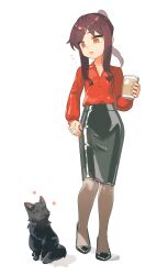 Rule 34 | 1girl, black shoes, black skirt, brown eyes, brown hair, brown pantyhose, chikuwa fan973, closed mouth, collared shirt, commission, cup, disposable coffee cup, disposable cup, full body, heart, high heels, highres, holding, holding cup, medium hair, office lady, original, pantyhose, pencil skirt, pixiv commission, ponytail, red shirt, shirt, shoes, simple background, skirt, solo, white background
