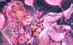 1girl :3 absurdres ahoge babydoll balloon barefoot bat_wings black_wings bow bowtie camila&#039;s_valentine&#039;s_day_art_contest camila_(vtuber) chenchen closed_mouth commentary cowboy_shot demon_girl diamond_facial_mark dutch_angle facial_mark from_side gift gloves head_wings heart heart_facial_mark highres holding holding_gift indie_virtual_youtuber long_hair looking_at_viewer multicolored_hair navel pink_hair pointy_ears purple_eyes sitting solo streaked_hair thighhighs twitter_username two_side_up virtual_youtuber white_babydoll white_gloves white_hair white_thighhighs wings