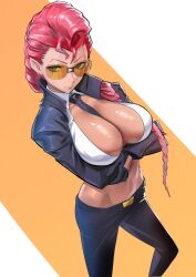 1girl between_breasts black_jacket black_necktie black_pants breasts cleavage commission crimson_viper green_eyes highres jacket juaag_acgy looking_to_the_side midriff necktie necktie_between_breasts pants ponytail red_hair shirt street_fighter street_fighter_iv_(series) white_shirt yellow-framed_eyewear