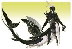 1boy black_skin claws colored_skin commentary fins gills gradient_background green_hair head_fins highres looking_at_viewer male_focus merman monster_boy nyahu_backup original simple_background webbed_hands yellow_background yellow_eyes