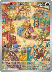 Rule 34 | artist name, barrel, black sclera, bramblin, branch, building, card (medium), character name, colored sclera, company name, copyright name, copyright notice, crate, english text, fence, grass, in tree, lantern, leaf, nintendo, official art, outdoors, poke ball symbol, pokemon, pokemon (creature), pokemon card, pokemon focus, pokemon tcg, red eyes, rock, sowsow, third-party source, trading card, tree, tree stump, wheel, window