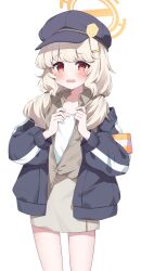 1girl aoba_(blue_archive) blue_archive blue_hat blue_jacket blush bow bow_camisole cabbie_hat camisole collared_shirt flat_chest grey_shirt grey_skirt hair_ornament hairclip halo hat highres jacket long_hair long_sleeves looking_at_viewer low_twintails murase48 open_mouth peaked_cap pink_bow puffy_long_sleeves puffy_sleeves red_eyes shirt simple_background skirt solo twintails white_background white_camisole white_hair yellow_halo