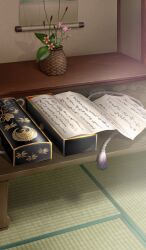 box calligraphy commentary fate/grand_order fate_(series) flower flower_request hanging_scroll in_box in_container indoors leaf no_humans object_focus official_art open_box paper pink_flower plant potted_plant rope scenery scroll still_life tassel tatami tatsuyo third-party_source wicker_basket