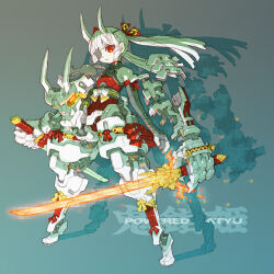 1girl armor bare_shoulders black_gloves blunt_bangs commentary_request cyborg drop_shadow dual_wielding elbow_gloves english_text eyepatch fingerless_gloves fire flaming_sword flaming_weapon floating floating_object full_body gauntlets gloves gradient_background hair_ribbon holding holding_sword holding_weapon horns japanese_armor katana kusazuri leotard long_hair nakayama_tooru oni_horns original red_eyes red_leotard red_ribbon ribbon solo sword twintails weapon white_hair