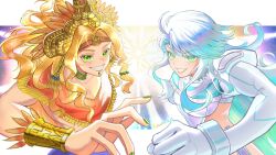 2girls blonde_hair bodysuit crystal_hair fate/grand_order fate_(series) green_eyes grin highres kaworu13 kukulkan_(fate) kukulkan_(second_ascension)_(fate) long_hair looking_at_viewer mexican_clothes multicolored_hair multiple_girls quetzalcoatl_(fate) sharp_teeth smile teeth two-tone_hair white_bodysuit