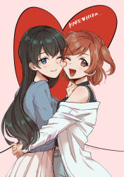 2girls :d aijou_karen black_choker black_hair black_tank_top blue_eyes blue_pants blue_shirt brown_eyes brown_hair cheek-to-cheek choker clenched_hand closed_mouth commentary cowboy_shot crossed_bangs face-to-face facial_mark fingernails hand_on_another&#039;s_chest hand_up heads_together heart heart_background heart_facial_mark hug interlocked_fingers jacket jacket_partially_removed kagura_hikari leaning_on_person light_blush long_hair long_sleeves looking_at_viewer lower_teeth_only midriff_peek multiple_girls neck_ribbon ni_kki04_s official_alternate_costume open_mouth own_hands_together pants pink_background pleated_skirt ribbon shirt short_hair short_twintails shoujo_kageki_revue_starlight skirt smile swept_bangs tank_top teeth twintails twitter_username white_jacket white_skirt yuri