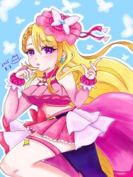 Rule 34 | 1girl, blonde hair, blue background, bow, bow skirt, brooch, butterfly earrings, butterfly hat, butterfly hat ornament, chochan0806, cure butterfly, earrings, hat, hat ornament, highres, hijiri ageha, hirogaru sky! precure, jewelry, long hair, looking at viewer, magical girl, midriff, multicolored hair, navel, pantyhose, pink skirt, precure, purple eyes, purple pantyhose, shirt, single leg pantyhose, skirt, smile, solo, very long hair