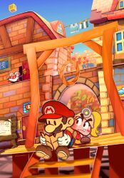 Rule 34 | brown hair, facial hair, fire flower, goombella, hat, highres, maribou (supermaribou), mario, mario (series), ms. mowz, mustache, nintendo, paper mario, paper mario: the thousand-year door, paper mario (character), ponytail, red hat