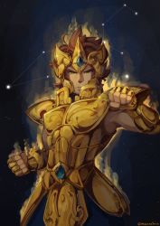 1boy absurdres armor brown_hair clenched_hand constellation full_armor glowing gold_armor gold_saint green_eyes helmet highres leo_(constellation) leo_aiolia looking_at_viewer male_focus night night_sky saint_seiya short_hair sky solo stance star_(sky) sushoartworks