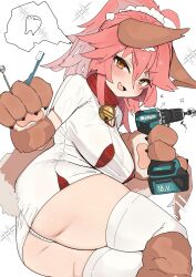 1girl animal_ears animal_hands ass belt belt_collar blush breasts brown_gloves brown_shoes cat_paw cleavage collar drill fang fate/grand_order fate_(series) fox_ears fox_girl fox_tail gloves hair_between_eyes highres large_breasts long_hair looking_at_viewer maid_headdress open_mouth panties paw_gloves paw_shoes pink_hair red_belt red_collar rottenweiler shirt shoes short_sleeves simple_background skin_fang smile solo sparkle tail tamamo_(fate) tamamo_cat_(fate) thighhighs thighs tooth toothbrush underwear white_background white_panties white_shirt white_thighhighs yellow_eyes