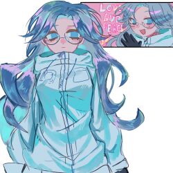 Rule 34 | 1girl, absurdres, aotsuki eito, black gloves, blue eyes, blush, breast pocket, catchphrase, commentary, cowboy shot, english commentary, english text, genderswap, genderswap (mtf), glasses, gloves, grey hair, highres, jacket, long hair, looking at viewer, multiple views, otomegmefoxy, own hands together, pink background, pocket, simple background, the hundred line -last defense academy-, white background, white jacket