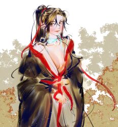 Rule 34 | 1girl, absurdres, black hair, black hanfu, blush, breasts, brown eyes, brown hair, chinese clothes, cleavage, closed mouth, collarbone, eyelashes, genderswap, genderswap (mtf), hair ribbon, hanfu, highres, holding, holding ribbon, korean commentary, long hair, long sleeves, looking at viewer, medium breasts, modao zushi, neck ribbon, niken (niken ouo), outdoors, plant, ponytail, red ribbon, ribbon, robe, sash, sidelocks, smile, solo, standing, upper body, wei wuxian, white ribbon, wide sleeves