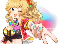 Rule 34 | 1girl, ;d, air bubble, bead necklace, beads, bikini, blonde hair, blue eyes, blue nails, blush, bracelet, breasts, brown bikini, bubble, character name, cleavage, colorful, colorful background, cropped jacket, cross-laced bikini, cross-laced clothes, drill hair, drill sidelocks, fingernails, flower, foreshortening, front-tie bikini top, front-tie top, gyaru v, hair flower, hair ornament, idol clothes, idolmaster, idolmaster cinderella girls, idolmaster cinderella girls starlight stage, jacket, jewelry, large breasts, looking at viewer, nail polish, necklace, off shoulder, ohtsuki yui, one eye closed, open clothes, open jacket, open mouth, outstretched arm, ponytail, red flower, red jacket, short sleeves, sidelocks, simple background, smile, star ornament, swimsuit, tamagogayu1998, upper body, v, white background, zipper, zipper pull tab