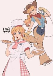 2girls apron artist_name blonde_hair blue_eyes blue_shirt braid braided_hair_rings brooch brown_gloves brown_vest chef_hat cookie cowboy_hat cowgirl_peach denim dual_persona earrings food gloves hair_rings hat highres holding holding_plate holding_rope jeans jewelry kamii_momoru long_hair looking_at_viewer mario_(series) multiple_girls neckerchief nintendo official_alternate_costume official_alternate_hairstyle open_clothes open_mouth open_vest pants patissiere_peach plate princess_peach princess_peach:_showtime! puffy_short_sleeves puffy_sleeves red_neckerchief rope shirt short_sleeves simple_background sphere_earrings vest white_apron white_background white_headwear