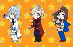 1girl 2boys armband blonde_hair blue_eyes boots brown_hair capelet castlevania:_dawn_of_sorrow castlevania:_portrait_of_ruin castlevania_(series) charlotte_aulin coat dancing grey_hair hair_over_one_eye jewelry jonathan_morris multiple_boys necktie pendant red_coat red_shoes rosie_rosie shoes short_hair skirt soma_cruz thighhighs white_coat