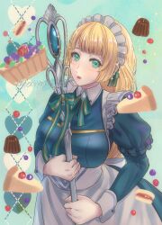 Rule 34 | 1girl, apron, blonde hair, blue dress, blush, breasts, cake, cake slice, dress, fire emblem, fire emblem: three houses, fire emblem heroes, food, green eyes, headdress, highres, holding, holding staff, ingrid brandl galatea, ingrid brandl galatea (cordial teatime) (fire emblem), long hair, long sleeves, maid, maid apron, maid headdress, medium breasts, nekoyashiki 08, nintendo, official alternate costume, open mouth, pastry, solo, staff, white apron