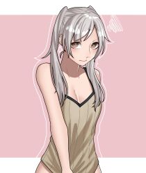 1girl ao_saryaruhu arm_behind_back armpit_crease bare_arms bare_shoulders blush bottomless breasts brown_eyes cleavage clenched_hand collarbone covering_crotch covering_privates embarrassed eyelashes female_focus fire_emblem fire_emblem_awakening highres long_hair looking_at_viewer medium_breasts naked_shirt neck no_coat pink_background robin_(female)_(fire_emblem) robin_(fire_emblem) shirt sidelocks silhouette sleeveless sleeveless_shirt standing swept_bangs thighs twintails upper_body white_hair