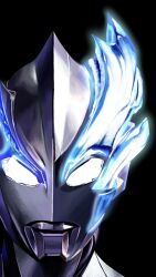 1boy 4ze_meteor alien asymmetrical_horns black_background blue_horns colored_skin commentary compound_eyes crystal dorsal_fin glowing glowing_crystal glowing_eyes glowing_horns grey_skin head_only highres horns looking_at_viewer male_focus multicolored_skin portrait silver_skin simple_background solo tokusatsu tsuburaya_productions two-tone_skin ultra_series ultraman_blazar ultraman_blazar_(series) white_eyes