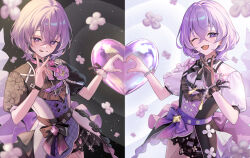 1boy :p absurdres belt black_bow black_gloves bow bracelet brooch cowboy_shot ensemble_stars! gloves hair_between_eyes hanamura_fuyume heart heart_hands heart_hands_duo highres jewelry light_particles looking_at_viewer male_focus medium_hair multiple_views one_eye_closed pearl_bracelet puffy_short_sleeves puffy_sleeves purple_belt purple_bow purple_eyes purple_hair short_sleeves tongue tongue_out v yoshio_tachi