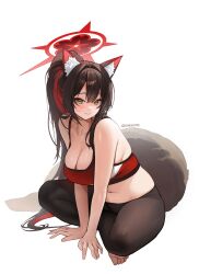 1girl absurdres alternate_costume alternate_hairstyle animal_ear_fluff animal_ears arm_support artist_name bare_arms black_pants blue_archive blush bra breasts cleavage closed_mouth colored_inner_hair daehoak eyeshadow fox_ears fox_girl fox_tail halo highres large_breasts long_hair looking_at_viewer makeup multicolored_hair navel pants plump red_eyeshadow red_halo simple_background sitting skindentation smile solo sports_bra tail underwear wakamo_(blue_archive) white_background yellow_eyes yoga_pants