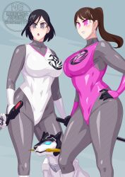 2girls absurdres big_breasts black_hair bodysuit brown_hair female grey_eyes highres igasaki_fuuka momochi_kasumi multiple_girls no_headwear otokam1117 otokamu pink_eyes shuriken_sentai_ninninger super_sentai
