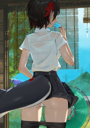 1girl absurdres ass black_hair black_pantyhose black_skirt breasts clothes_pull commentary_request cowboy_shot day dress_shirt earclip electric_fan ellen_joe ellen_joe_(on_campus) facing_away fanning_self fingernails fins fish_tail food from_behind highres holding holding_food holding_popsicle indoors midfinger multicolored_hair nail_polish official_alternate_costume panties pantyhose pantyhose_pull pleated_skirt popsicle red_hair red_nails shark_girl shark_tail shirt short_hair short_sleeves skirt solo standing sweat tail two-tone_hair underbutt underwear white_panties white_shirt wind_chime zenless_zone_zero