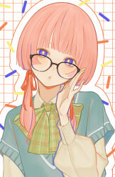 Rule 34 | 1girl, absurdres, adjusting eyewear, bespectacled, blue eyes, blush, bow, bowtie, commentary request, glasses, highres, kaf (kamitsubaki studio), kamitsubaki studio, long hair, looking at viewer, low twintails, parted lips, pink hair, solo, sweater, twintails, upper body, virtual youtuber, yellow pupils, zudxpnz