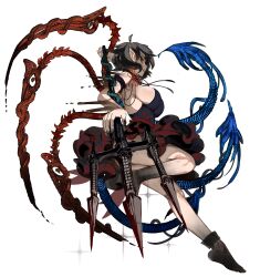 Rule 34 | 1girl, absurdres, ahoge, arm behind head, asymmetrical wings, black dress, black hair, black socks, breasts, commentary, dress, fingernails, foreshortening, from below, full body, grin, highres, holding, holding polearm, holding weapon, houjuu nue, large breasts, looking at viewer, polearm, red eyes, red nails, sharp fingernails, short hair, sideboob, sideways glance, simple background, sleeveless, sleeveless dress, smile, snake, socks, solo, tomatolover16, touhou, trident, weapon, white background, wings