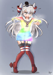 Rule 34 | 1girl, akashieru, alternate color, amatsukaze (kancolle), brown eyes, dress, flying sweatdrops, full body, garter straps, gloves, glowing, grey background, grey hair, grey neckerchief, hair tubes, hat, highres, kantai collection, lifebuoy ornament, mini hat, neckerchief, one-hour drawing challenge, rainbow print, red thighhighs, rudder footwear, sailor collar, sailor dress, short dress, single glove, smokestack hair ornament, solo, striped clothes, striped thighhighs, thighhighs, two side up, white gloves, white sailor collar